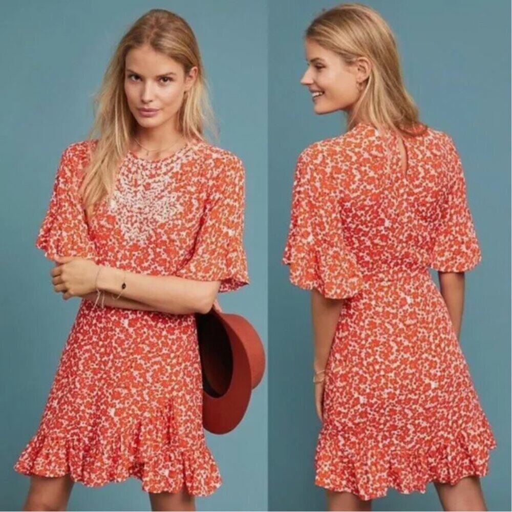 Anthropologie Ranna Gill Midtown Embroidered Ruffle Mini Dress